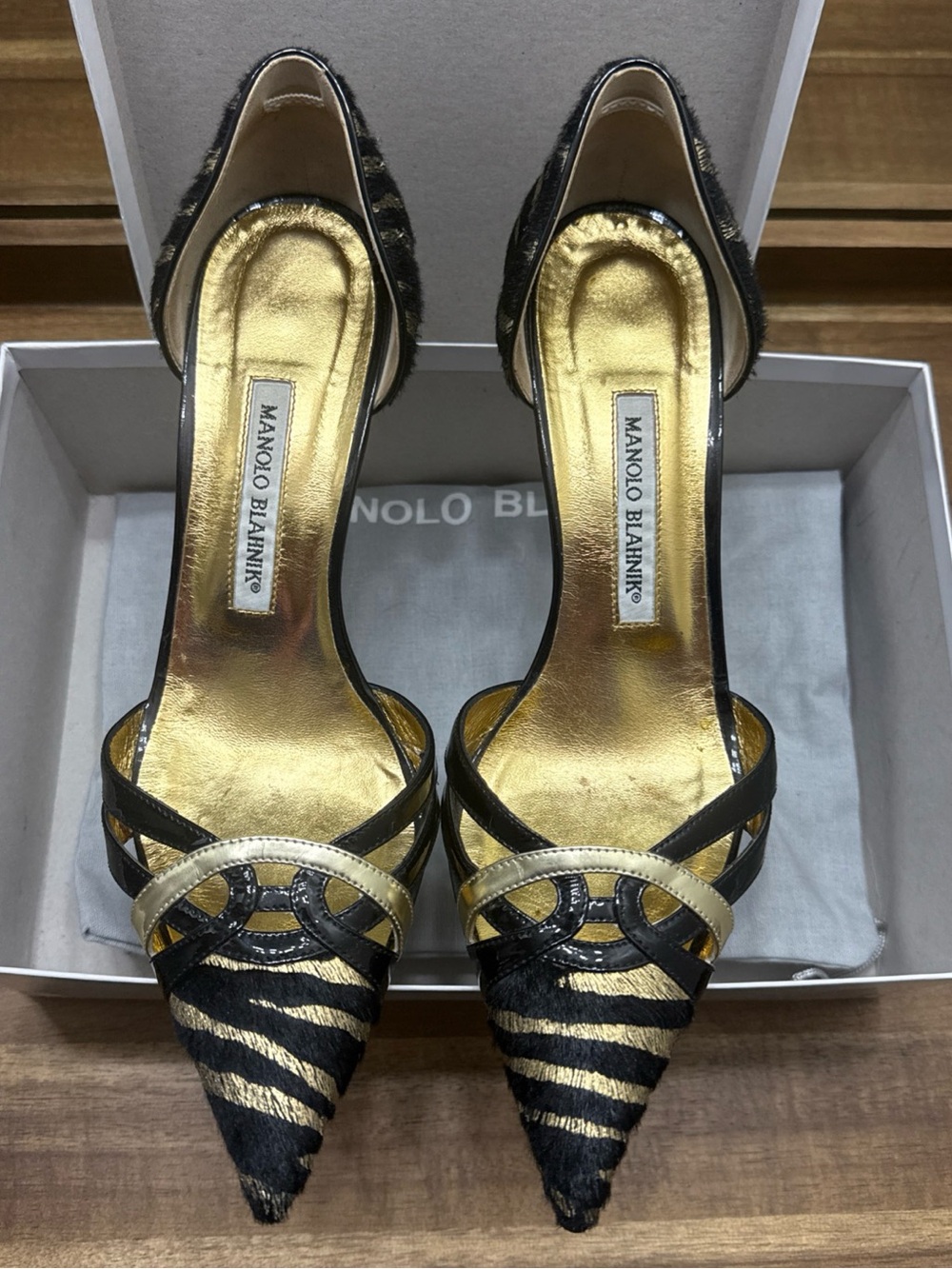 Manolo Blahnik Black and Gold Striped Pointed D'Orsay Pumps
